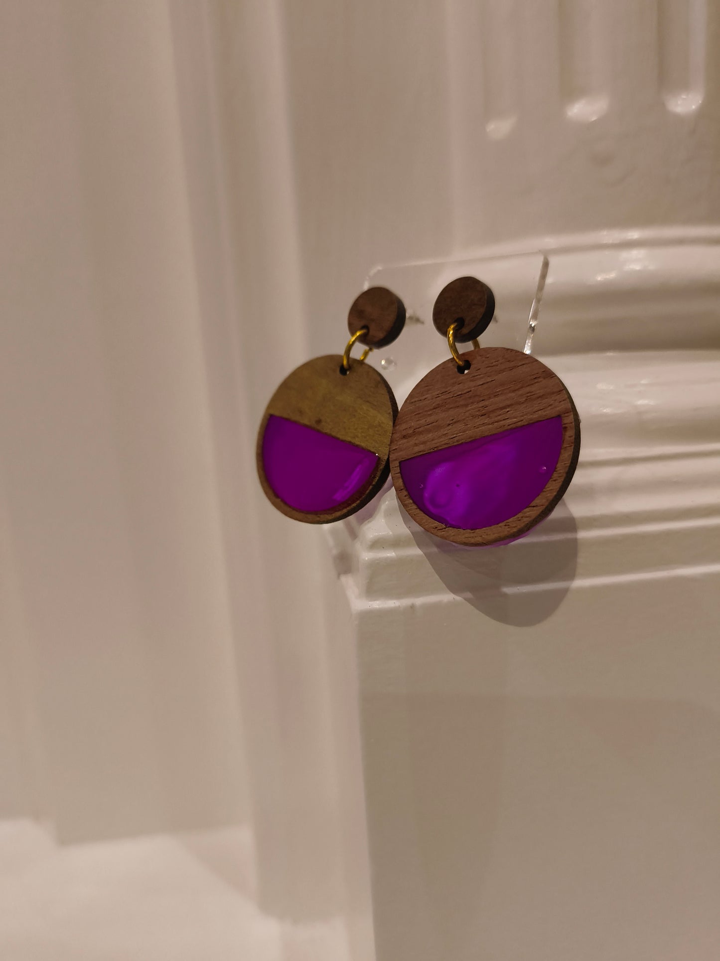Wooden Dangle Stud Earrings (Purple) image 0