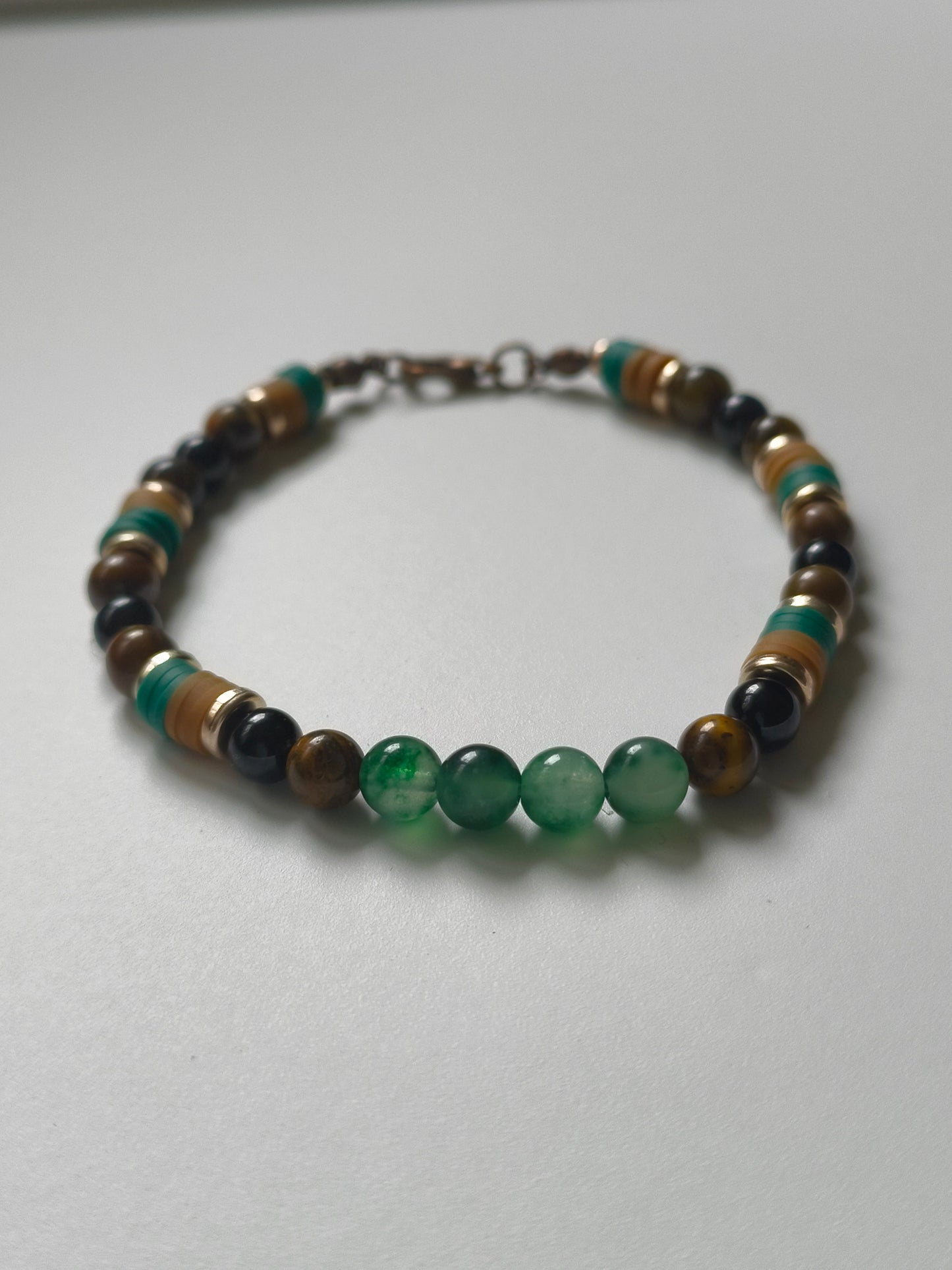 Earthbound Flame – Green Chalcedony, Tiger Eye & Obsidian Bracelet