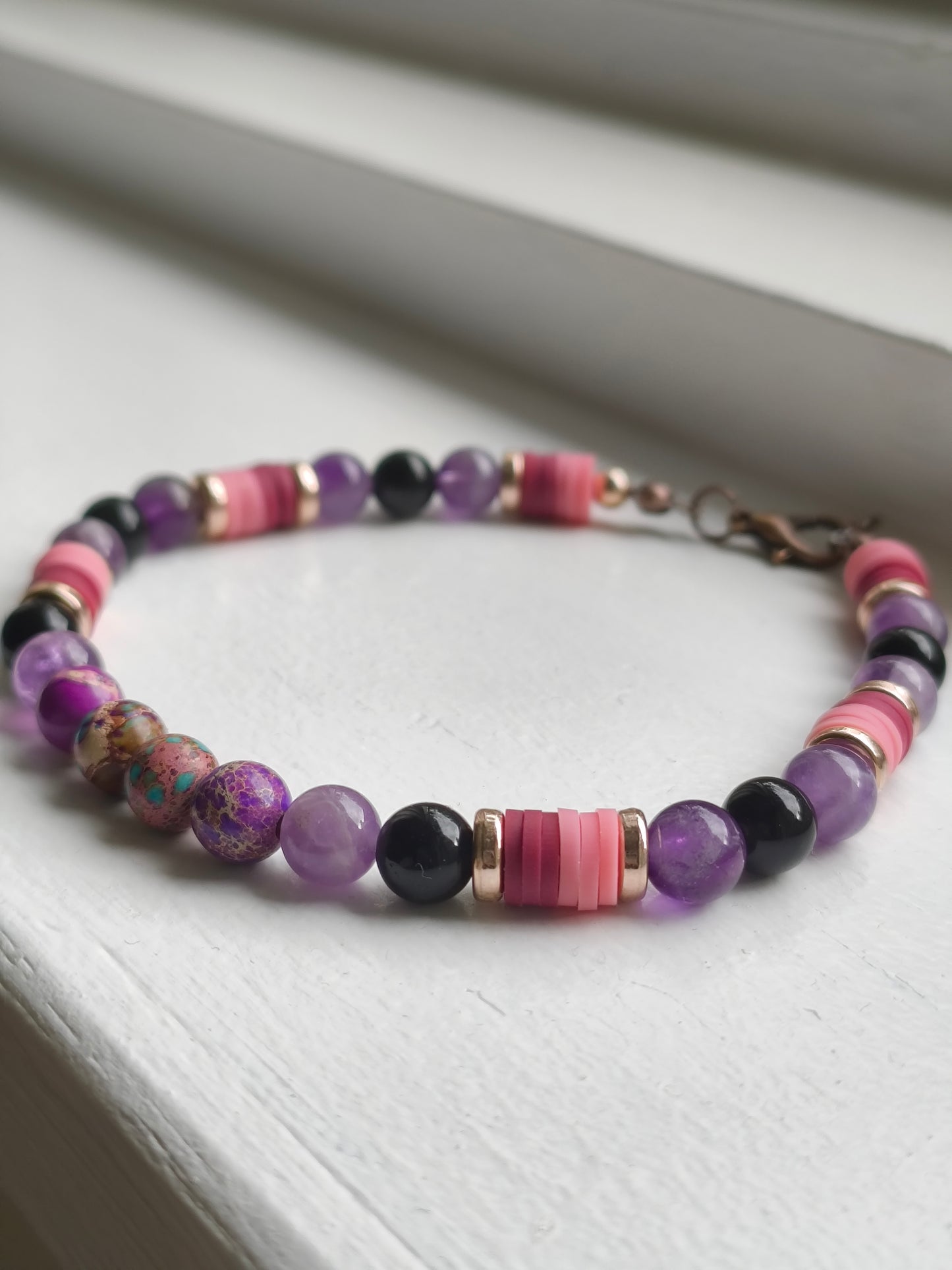 Velvet Eclipse - Sea Sediment Jasper, Amethyst and Obsidian Bracelet