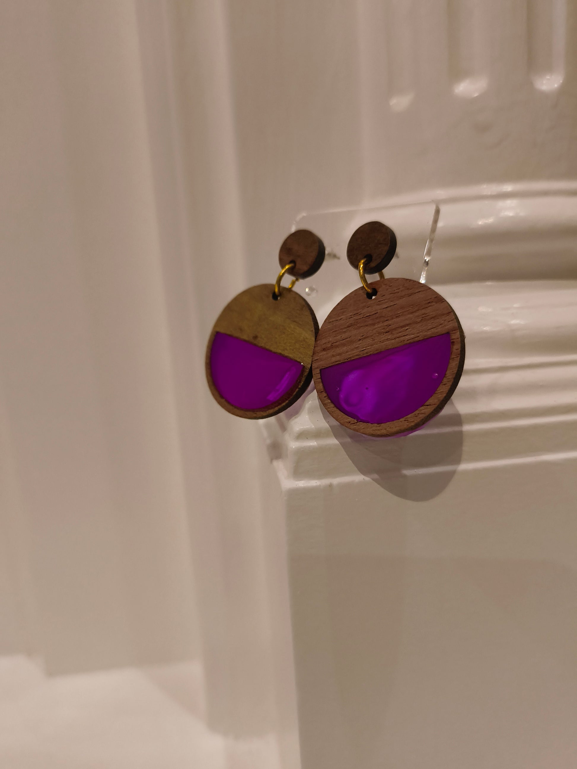 Wooden Dangle Stud Earrings (Purple) image 0