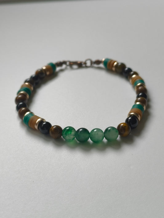 Earthbound Flame – Green Chalcedony, Tiger Eye & Obsidian Bracelet