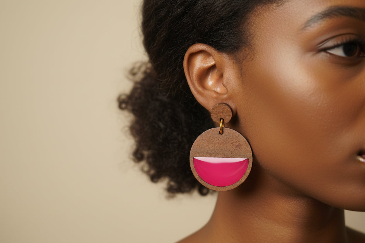 Wooden Dangle Stud Earrings (Red)