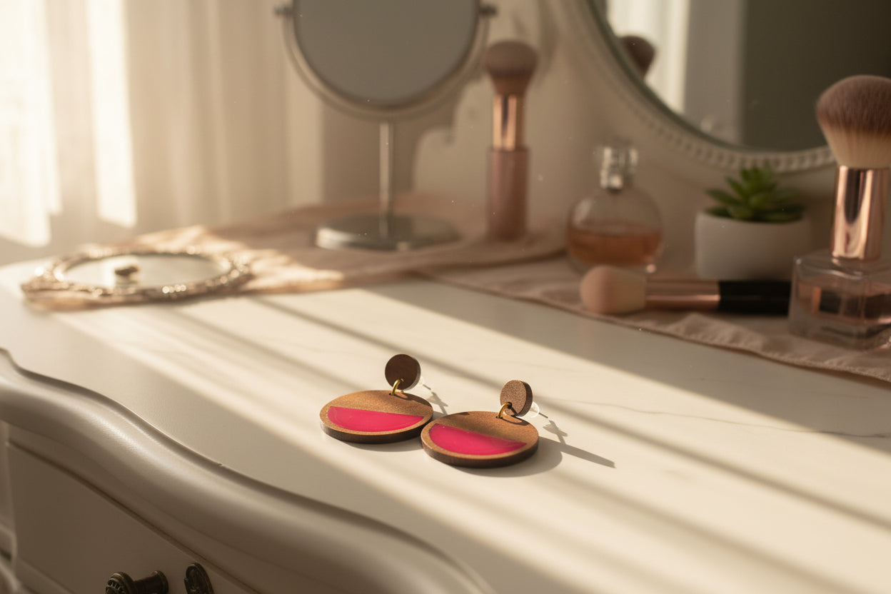 Wooden Dangle Stud Earrings (Red)