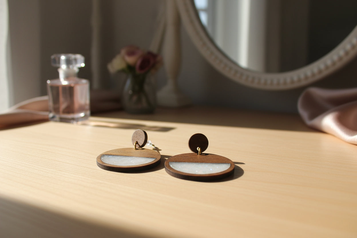 Wooden Dangle Stud Earrings (White)