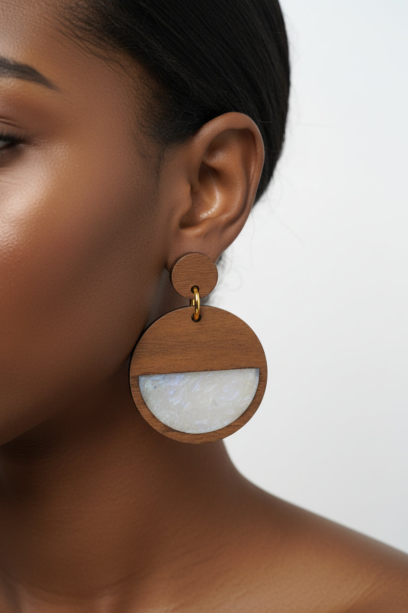 Wooden Dangle Stud Earrings (White)